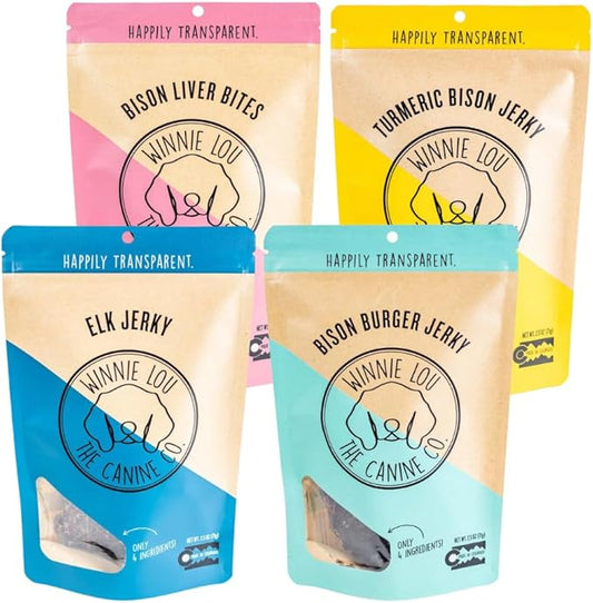 Winnie Lou Jerky Dog Treat Bundle – Limited Ingredient, Human Grade, High Protein Training Treats for Small, Medium & Large Dogs, Made in USA (4 Pack)