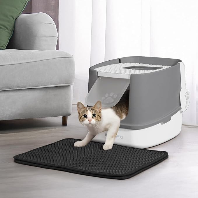 Fully Enclosed Cat Litter Box w/Lid, Scoop, Cat Mat & Odor Fitter, Large Plastic Cat Toilet with Double Door, Anti-Splashing Cat Litter Box with Lockable Front Door, Dark Grey