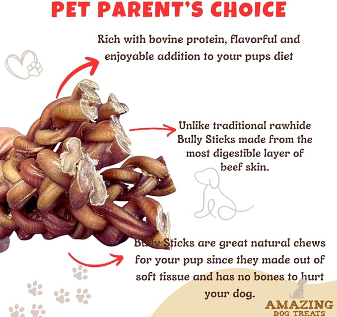 Amazing Dog Treats 6" Braided Bully Stick (5 Pcs/Pack) Bully Stick for Dogs - Made from Premium Grass Fed Beef