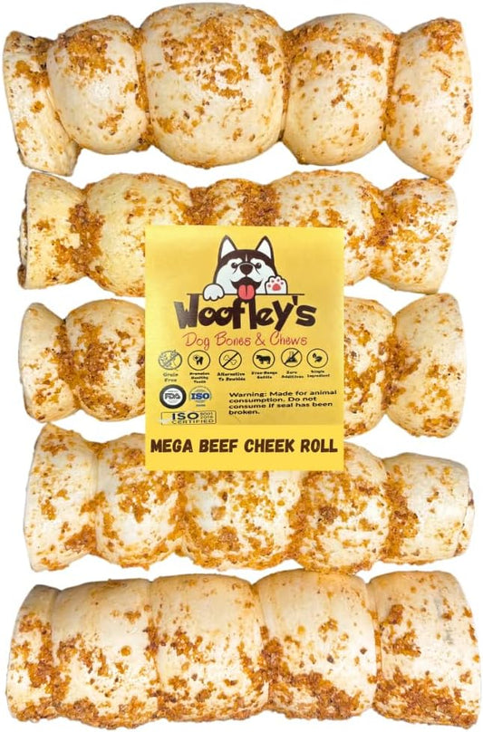 Woofley's 10-12" Bully Dusted Beef Cheek Roll - (5 Count)- Beef Cheek Rolls for Dogs - Long Lasting Natural Dog Chews