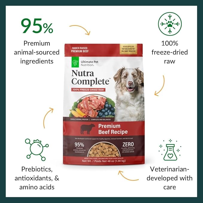 ULTIMATE PET NUTRITION Nutra Complete, 100% Freeze Dried Raw Veterinarian Formulated Dog Food with Antioxidants Prebiotics and Amino Acids (3 Pound (Pack of 4), Beef)
