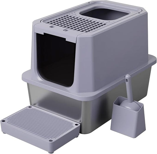 RIZZARI Stainless Steel Cat Litter Box, Odorless Enclosed Litter Box with Top Holes, Large Litter Pan for Small to Large Sized Cats (Cool Gray, 23.8" L*15.9" W*18" H)