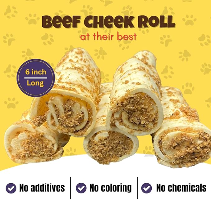 Woofley's 5-6" Bully Dusted Beef Cheek Roll - (5 Count)- Beef Cheek Rolls for Dogs - Long Lasting Natural Dog Chews