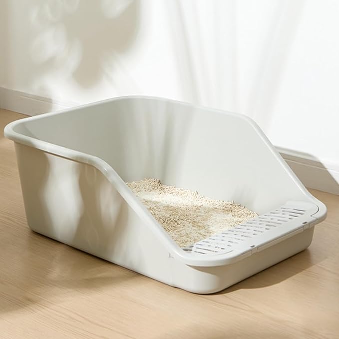 SpaceTime Large Cat Litter Box with High Sides,Cat Boxes for Indoor Cats,Cat Litter Pan for Kitty,Litter Box with Low Entry,Easy to Clean,Anti-Splashing(White)
