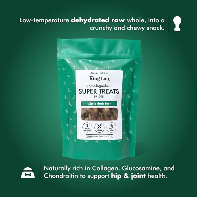 King Lou Pets - Whole Duck Feet for Dogs - Dehydrated Duck Dog Treats - USA-Made Dental Treats for Dogs - Collagen, Glucosamine, Chondroitin for Hip and Joint Health - 10 Count