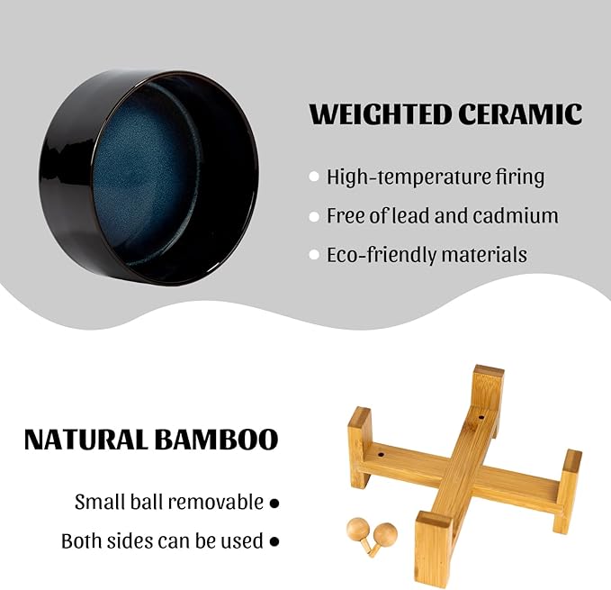 SPUNKYJUNKY 15° Slanted Ceramic Dog and Cat Bowl with Wooden Stand, Tilted Bulldog Food and Water Bowl No Slip Non-Spill for Cats Medium Dogs Big Face Pets 28.7 OZ (3.6 Cups, Starry Blue)