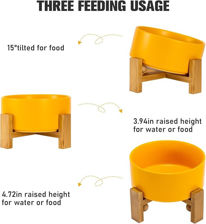 SPUNKYJUNKY 15° Slanted Ceramic Dog and Cat Bowl with Wooden Stand, Tilted Bulldog Food and Water Bowl No Slip Non-Spill for Cats Medium Dogs Big Face Pets 28.7 OZ (3.6 Cups, Yellow)