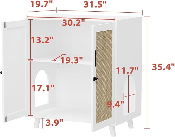 Lovinouse Large Cat Litter Box Enclosure,Hidden Kitty Litter Furniture with Sisal Covered Doors,2-Layer Wooden Cat Washroom Cabinet w/Adjustable Shelf, Side Table for Living Room,White