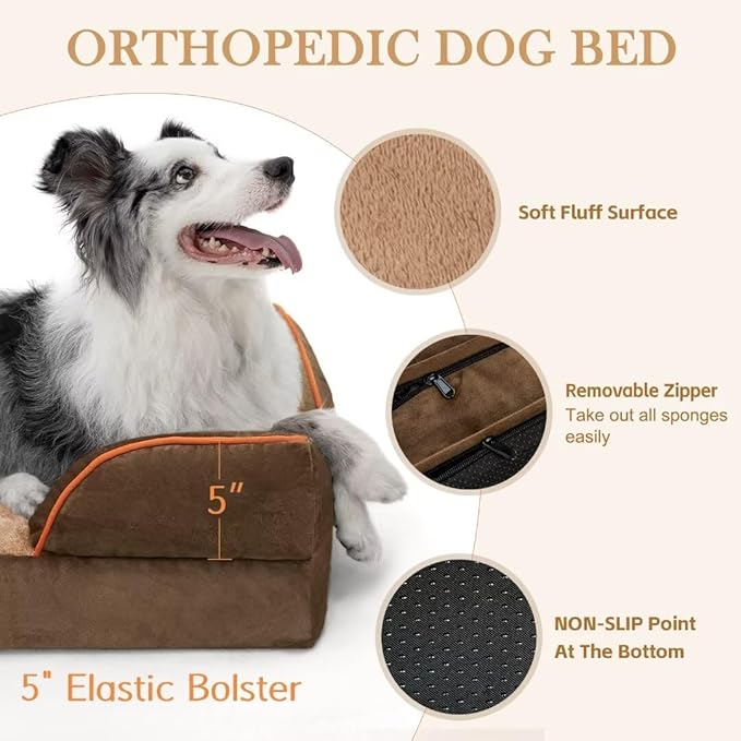 Comfort Expression Dog Beds for Extra Large Dogs, Waterproof Orthopedic Foam XL Dog Beds with Bolster, Washable Dogs Bed Sofa Pet Bed with Removable Cover & Non-Slip Bottom(X-Large,Brown)