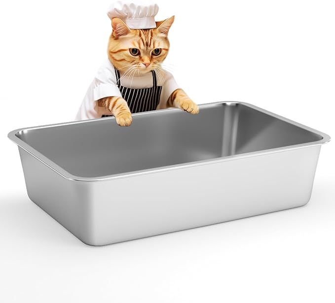 IKITCHEN Stainless Steel Cat Litter Box, Small Metal Cat Litter Box, Deep Litter Pan for Cats Kittens, Easy to Clean Odor Control Durable Nonstick Smooth Surface 17.5 in x 13.5 in x 6 inches