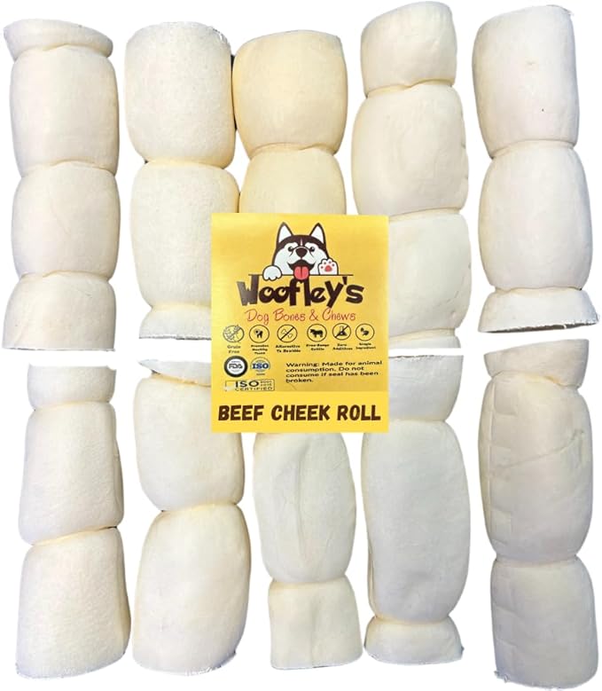 Woofley's 5-6" Buffalo Beef Cheek Roll -(10 Count)- Beef Cheek Rolls for Dogs - Long Lasting Natural Dog Chews