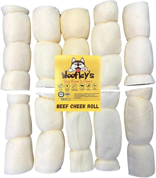 Woofley's 5-6" Buffalo Beef Cheek Roll -(10 Count)- Beef Cheek Rolls for Dogs - Long Lasting Natural Dog Chews
