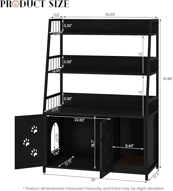 Recaceik Large Cat Litter Box Enclosure with Shelf Storage, Hidden Cat Washroom Furniture, Wooden Cat House with Scratch Pad, Sturdy Indoor Cat Cabinet with 2 Doors, Black