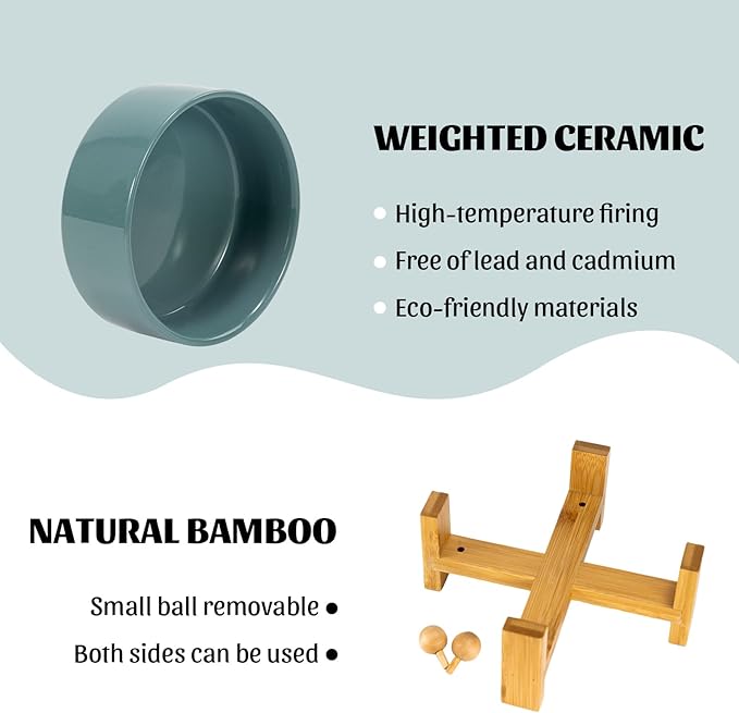 SPUNKYJUNKY 15° Slanted Ceramic Dog and Cat Bowl with Wooden Stand, Tilted Bulldog Food and Water Bowl No Slip Non-Spill for Cats Medium Dogs Big Face Pets 28.7 OZ (3.6 Cups, Light Green)