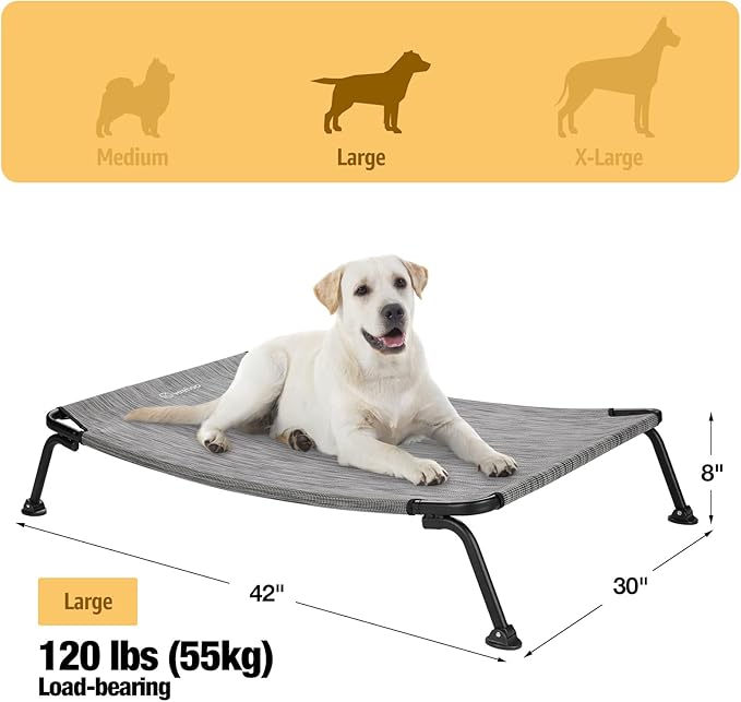 Veehoo Outdoor Elevated Dog Bed, Cooling Raised Dog Cots Beds for Large Dogs, Portable Waterproof Curved Dogs Hammock Bed for Outside, up to 120lbs, Black Legs, Black Silver 42"