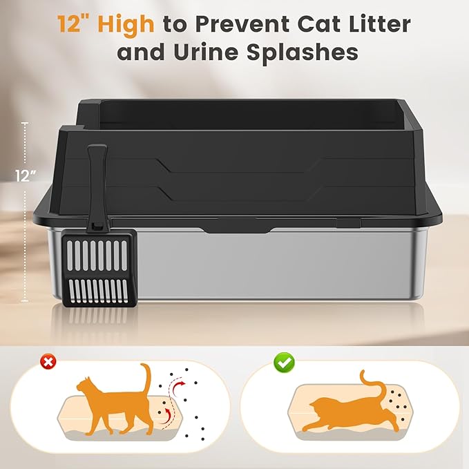 XXXL Stainless Steel Litter Box with Footboard,Extra Large 28" L x 20" W Metal Litter Box for Big Cats & Multiple Cats with High Sided, Anti-Leakage, Non-Sticky, Easy Cleaning, Include Scoop