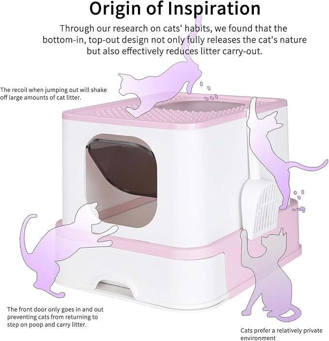 RIZZARI Foldable Cat Litter Box,Cat Box with Drawer, Large Capacity Litter Box with Lid, Top Opening Litter Pan for Small to Big Cats (Pink)