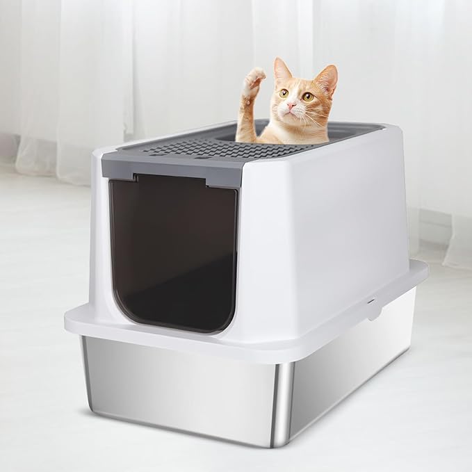 RIZZARI Stainless Steel Cat Litter Box, Odorless Enclosed Litter Box with Top Holes, Large Litter Pan for Small to Large Sized Cats (Dark Gray, 23.8" L*15.9" W*16.1" H)