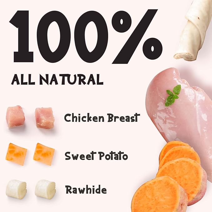 ASMPET Dog Treats, Chicken Wrapped Rawhide Sticks Filled with Sweet Potato for Small Medium Large Dogs（6pcs）