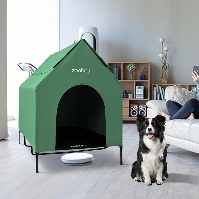 48" XL Outdoor Dog House – Weatherproof Elevated Pet Shelter, Breathable Mesh & Steel Frame, Easy to Assemble & Clean, Large Dog Houses for All Seasons (Green)