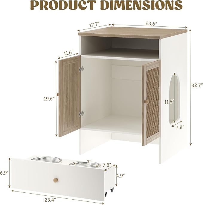 Cat Litter Box Enclosure Furniture Hidden - Indoor 3-in-1 Wooden Cat House & Washroom Cabinet with Scratching Board Doors, Shelf and Feeder Bowls, 23.6”x17.7”x32.7”H
