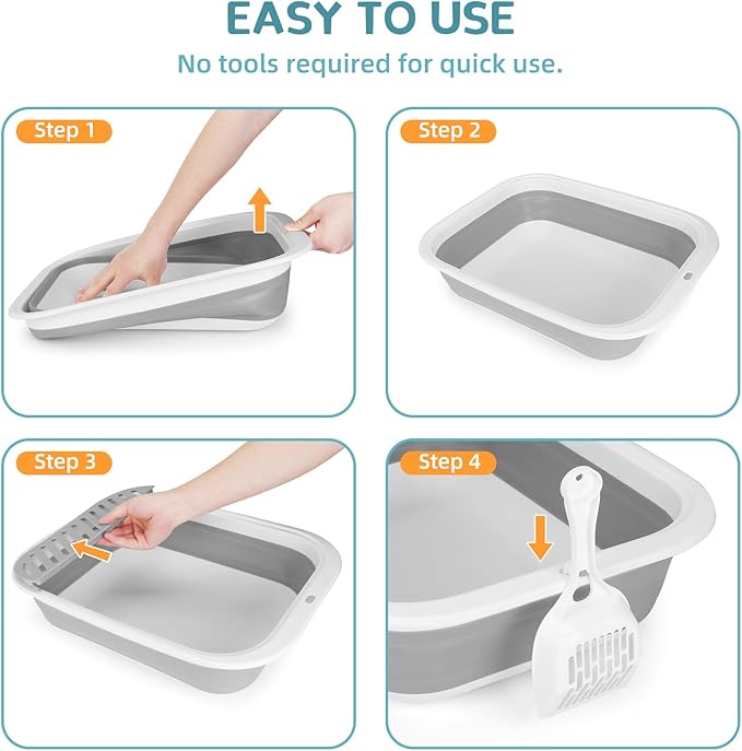 Collapsible Kitty Litter Box, ShineMe Open Top Cat Litter Tray with Scoop and Litter Bag, Anti-Splashing Waterproof Cat Toilet Potty Pan 17.7” x 13.5”, Grey