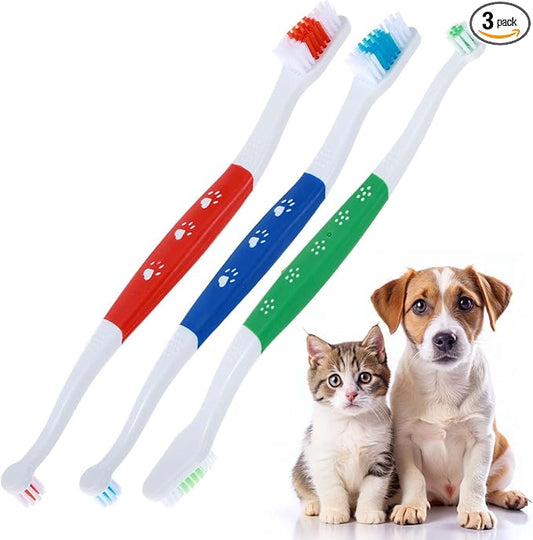 3 Pack Pet Toothbrush Double Headed Dog Toothbrush with Soft Bristles for Dogs Cats, Small and Large Breed Dogs Cats with Soft Bristles, Non Slip Puppy Toothbrush Kit (Red, Green, Blue)