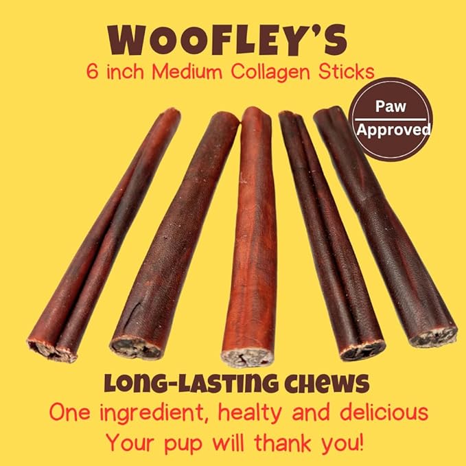 Woofley's 6 Inch Collagen Sticks for Dogs - (100 Count) Bully Stick Rawhide Alternative Dog Chews No Hide Bones for Medium & Large Dogs
