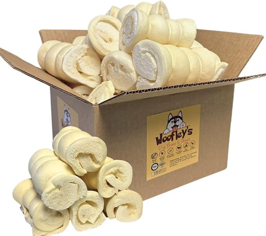 Woofley's 4" Buffalo Beef Cheek Roll -(100 Count)- Beef Cheek Rolls for Dogs - Long Lasting Natural Dog Chews