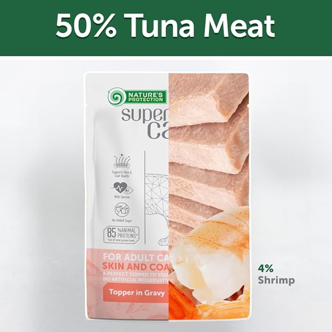 Nature's Protection Superior Care Wet Cat Food - Tuna Fish & Shrimp Cat Food Toppers for Adult Cats, Natural, High Protein, 2.46 oz. Pouches (24-Pack)