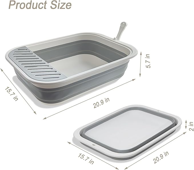 Senior Cat Litter Boxes, Collapsible Open Low Entry Cat Litter Pan with Scoop Travel Kitten Potty Foldable Pet Toilet for Sick Disabled Older Elderly Cats Grey 20.9x15.7x5.7 inch