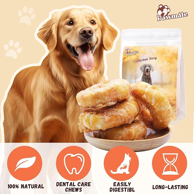 Dog Treats Large Breed, Chicken Wrapped Rawhide Donut Rings, Rawhide Dog Chews Long Lasting, Grain Free Training Snacks with Taurine for Medium Large Dogs, 4 Counts