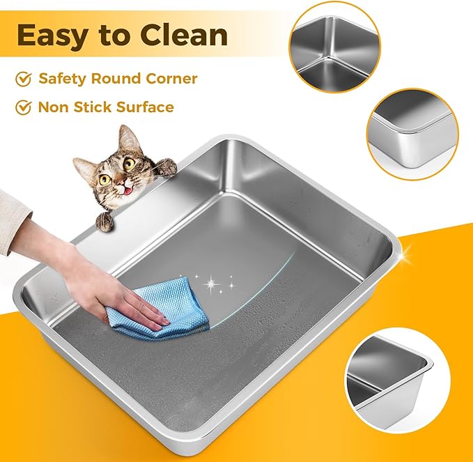 LIHONG Stainless Steel Cat Litter Box,Small Metal Litter Box for Small Cats Hamster Rabbits,No Smell,Non Stick,Easy to Clean(18" Lx14 Wx4 H,M)