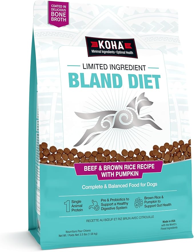 KOHA Limited Ingredient Bland Diet Dry Food for Dogs - Beef & Brown Rice Recipe, Sensitive Stomach Dog Food - Pumpkin for Digestive Support, 3.5 lbs