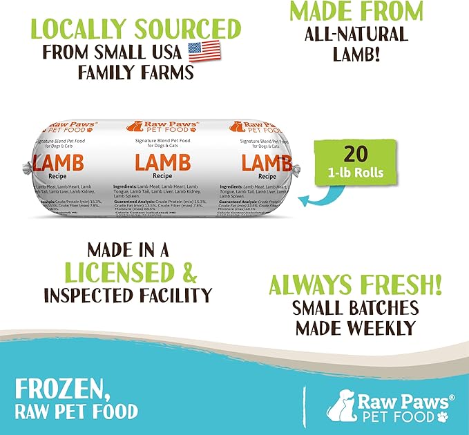 Raw Paws Signature Blend Pet Food for Dogs & Cats - Lamb Recipe, 1-lb Rolls (20 Pack) - Fresh Raw Food Made in USA - Natural Dog Food Roll - Frozen Raw Lamb Dog Food Log Diet