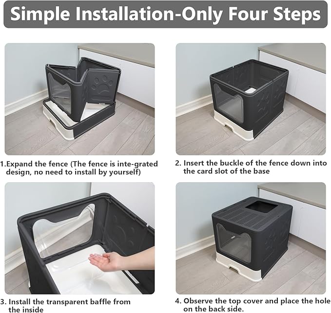 Foldable Cat Litter Box with Lid, Enclosed Potty, Large Top Entry Anti-Splashing Toilet, Easy to Clean Including Litter Scoop and 2-in-1 Cleaning Brush (Black)