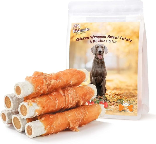 Dog Treats Large Breed, Chicken Wrapped Rawhide Sticks with Sweet Potato Sandwich, Rawhide Dog Chews Training Rewards Snacks for Small Medium Large Dogs, 6-7 Counts, 10.6 oz