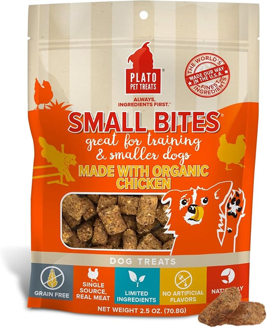 PLATO Small Bites Dog Treats, Natural Bite Sized Real Meat & Chicken Flavor, Grain Free & High in Protein, Air Dried Authentic Ingredients, 2 Calories Per Treat, Made in the USA, 2.5 Ounces
