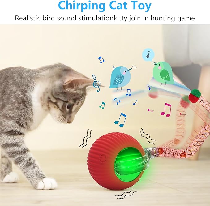 Interactive Cat Toys for Indoor Cats, 2025 New Generation Interactive Cat Ball Toy with Elastic Mesh Tail, Automatic Cat/Kitten Toys with Chirping & Motion Activate, Cat Toys for Bored Indoor(Red)