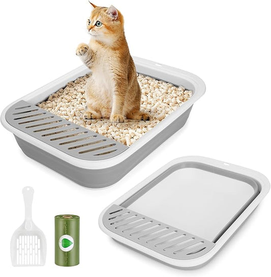 Collapsible Kitty Litter Box, ShineMe Open Top Cat Litter Tray with Scoop and Litter Bag, Anti-Splashing Waterproof Cat Toilet Potty Pan 17.7” x 13.5”, Grey