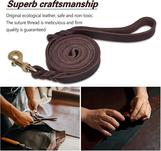 LWBMG Leather Dog Leash 6ft x 5/8 inch, Heavy Duty Leather Dog Training Leash, Soft Handmade Braided Pet Leashes for Large Medium & Small Dogs