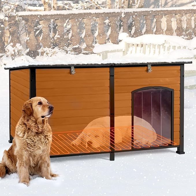 59" Extra Large Outdoor Dog House with Insulated Liner,Dog Kennel with All-Around Iron Frame,Weatherproof Dog Shelter for Small to Large Sizes Dog Kennel (Brown, LH)