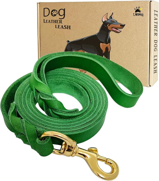 LWBMG Leather Dog Leash 6ft x 1/2 inch, Heavy Duty Pet Leash, Strong Sturdy Genuine Leather Braided Dog Leashes, Soft and Comfortable Puppy Leashes for Small Medium Dogs Training Walking Green