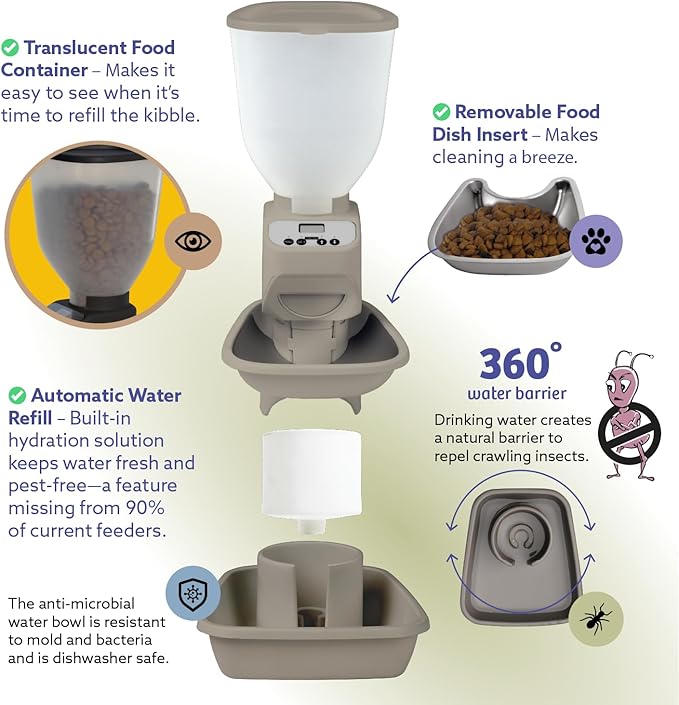 Automatic Dog & Cat Food Feeder with Water Dispenser – Smart Pet Feeder with Portion Control, OLED Display, Anti Jam Design, Battery Operated Dispenser for Small Pets - Taupe
