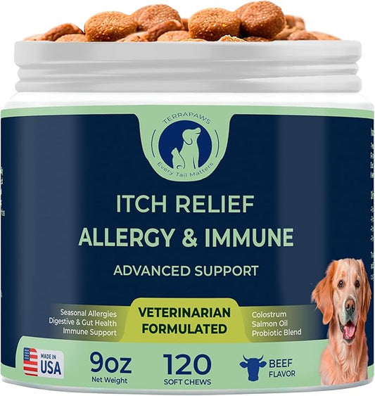 Allergy & Immune Support for Dogs – Soft Chews with Colostrum, Quercetin, Salmon Oil, Hemp Seed Oil, Vitamin C, Turmeric, Bromelain, Probiotics – Itchy Skin Relief, Seasonal Allergy Chews