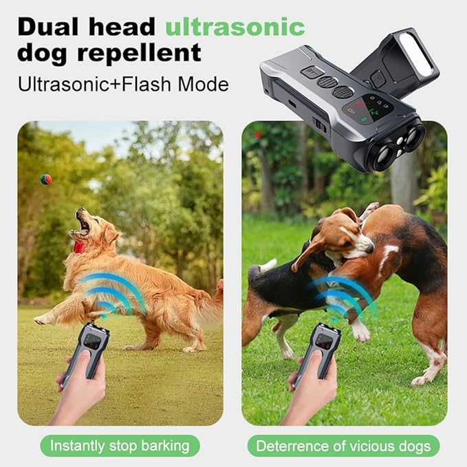 Ultrasonic Dog Bark Deterrent Device with LED Flashlight & Rechargeable Battery, 20ft Range Anti Barking Control for Indoor/Outdoor Use, Safe Alternative to Shock Collars（Portable Version）