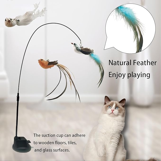 9PCS Suction Cup Cat Toy Set, Interactive Cat Toys for Indoor Cats with 2 Flexible Wands, Strong Suction Base and 3 Replacement Bird 3 Feather Toys with Bells for Kittens and Adults