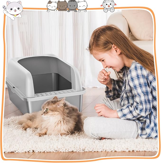 Stainless Steel Litter Box with Lid, Metal Litter Box with Cat Litter Mat,Extra Large Enclosed Cat Litter Boxes for Multiple Cats, Anti-Leakage,Non-Stick, Easy to Clean, Included Mat, Scoop