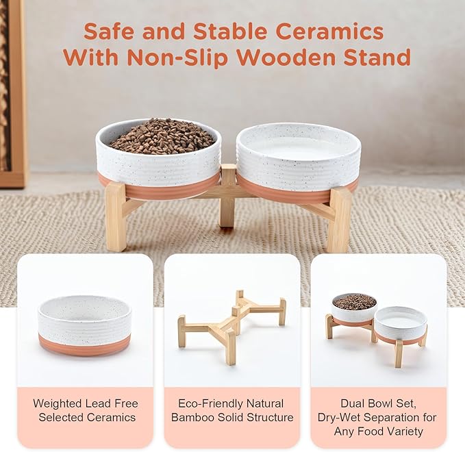SPUNKYJUNKY Elevated Dog Bowls Ceramic, 5.1'' Dogs and Cat Food Water Bowls Raised with Non-Slip Bamboo Stand for Puppy Small Sized Breed Microwave Dishwasher Safe - 13.5 OZ,Pattern White