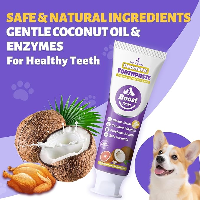 Vet Recommended Small Dog Teeth Brushing Kit - Soft Brush and Finger Brush removes 99% of Plaque, Natural Coconut Chicken-Flavored Toothpaste 2.5 oz. for Fresh Breath